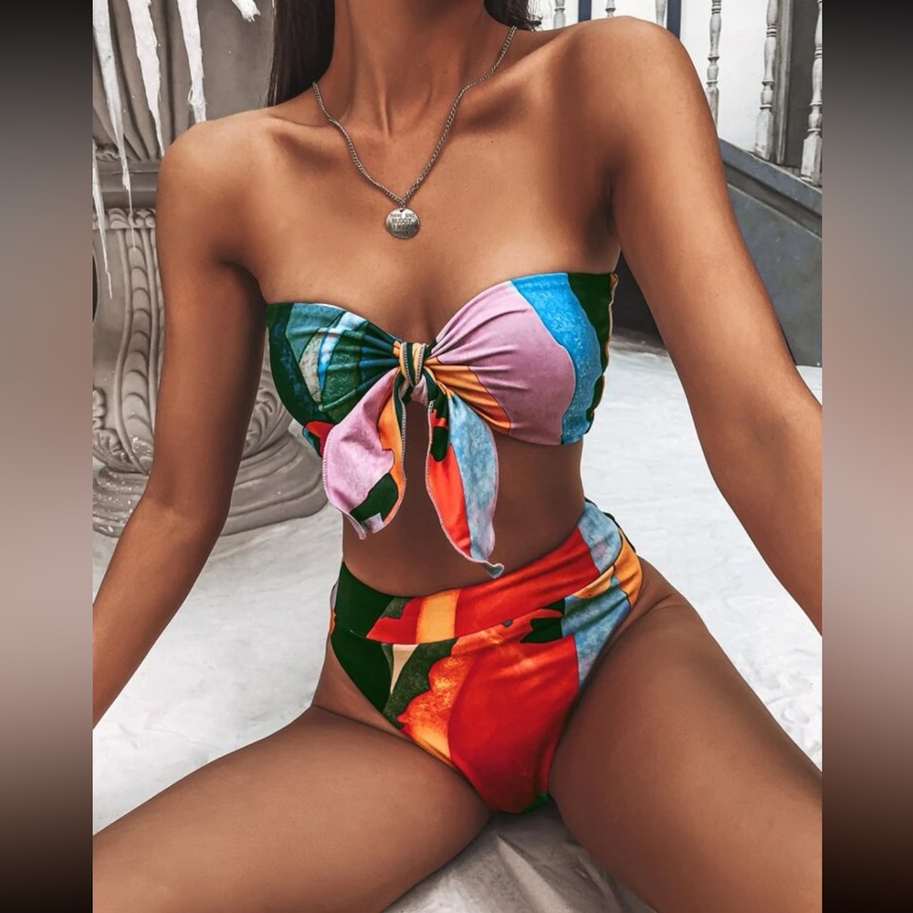 Sexy geo print tube high waisted bikini swimsuit